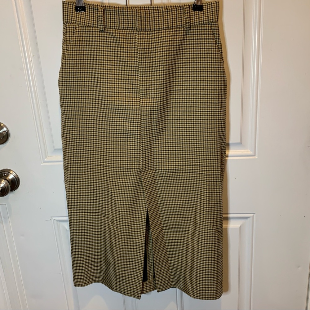 Zara Checkered Houndstooth Tweed Midi Pencil Skirt Front Slit Black Tan Sz US S